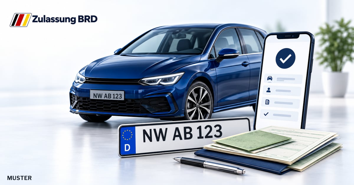 Online Fahrzeugzulassung in Neustadt a.d. Weinstraße: Musterkennzeichen NW AB 123, Auto und Fahrzeugpapiere und Smartphone. Illustration mit Logo von Zulassung BRD.